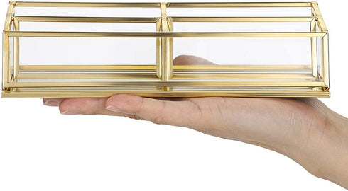 Hipiwe 4 Slots Glass Business Card Holder Stand - Vintage Gold Metal Name Card Display Stand Office Desktop Countertop Business Card Organizer