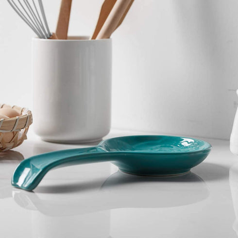 DOWAN Ceramic Spoon Rest for Kitchen, 2 Pieces of Porcelain Stovetop Spoon Holder for Countertop, Turquoise Owl Ladle Rest 9.5 Inches, Dishwasher Safe Farmhouse Kitchen Decor and Accessories