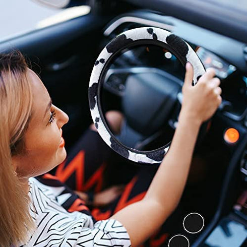 Fuzzy Car Steering Wheel Cover for Women, Cute Cow Print Fluffy Steering Wheel Covers, Universal 15 Inches, Girly Car Accessories with 2 Pack Car Coasters for Cup Holders