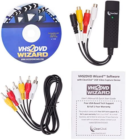 ClearClick VHS To DVD Wizard with USB Video Grabber & Free USA Tech Support