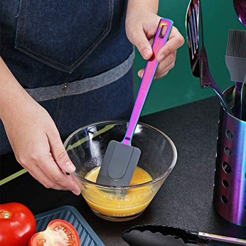 HOMQUEN Rainbow Silicone Spatulas, Stainless Steel Flexible Scrapers Baking Mixing Tool with Titanium Rainbow Plating, Rainbow Baking Tools, Heat Resistant, Dishwasher Safe
