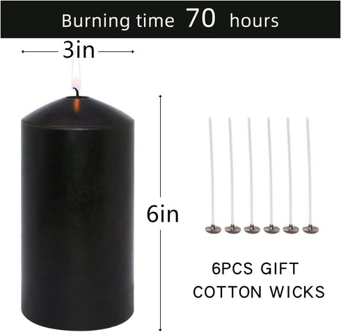 3 Pack 3x6 Inches 70 Hour Long Burning Unscented Pillar Candles, Dripless and Smokeless Candles for Home Weddings Restaurant Spa Church - Black
