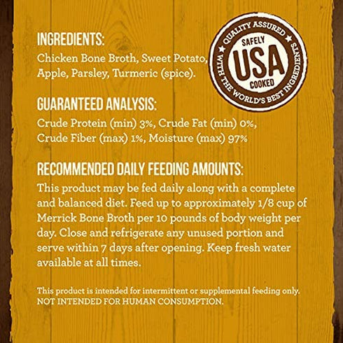 Merrick Grain Free Bone Broth Natural Dog Food Topper, Chicken Bone Broth, Accented with Superfoods & Turmeric, For Adult Dogs of All Breeds, 7 OZ Pouch (Pack of 1)