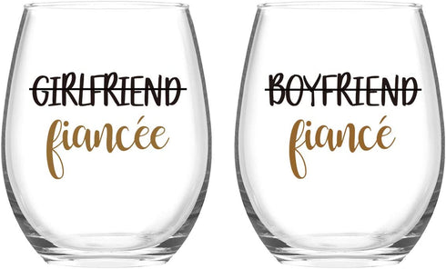 Modwnfy Boyfriend and Girlfriend Wine Glasses, Set of 2 Fiancee Stemless Wine Glasses 15Oz Engagement Gifts for Couples Fiancee Fiance Her