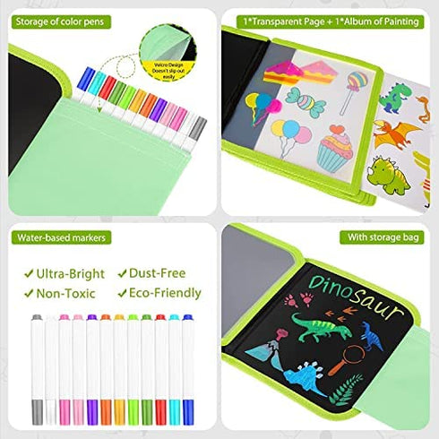 QearFun Erasable Doodle Book Set, 100+ Drawing Shapes Toddler Travel Essential Activity (Green Dinosaur)