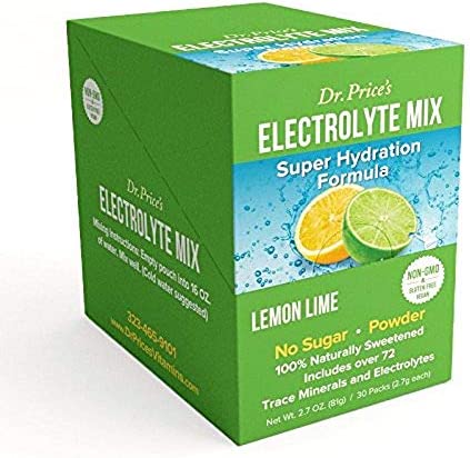 Dr. Price's Vitamins Electrolyte Mix Supplement Powder, 72 Trace Minerals, Potassium, Sodium, Electrolyte Replacement Keto Drink | Lemon-Lime 30 Packets | No Sugar, Keto, Vegan, Non-GMO, Gluten-Free