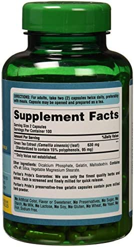 Puritans Pride Green Tea Standardized Extract 315 Mg Capsules, 200 Count