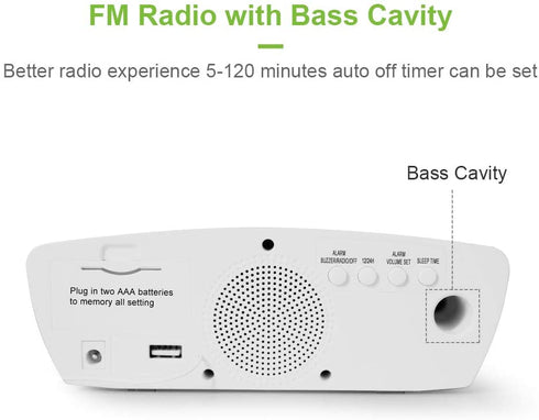 Reacher Simple Alarm Clock Radio with USB Charger Port, FM Radio, Dimmer, 6 Snoozes 9-Minute intervals, Adjustable Alarm Volume for Heavy Sleepers, for Bedrooms (White)