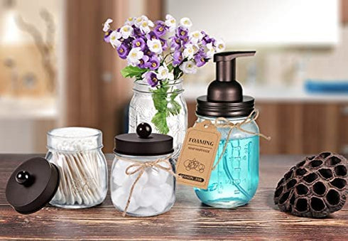 SheeChung Mason Jar Foaming Soap Dispenser-Rustproof Stainless Steel Lid & Foaming Soap Pump,Best Hand Foam Soap Dispenser Glass for Bathroom Vanities or Kitchen Sink,Countertops-Bronze (1 pk)