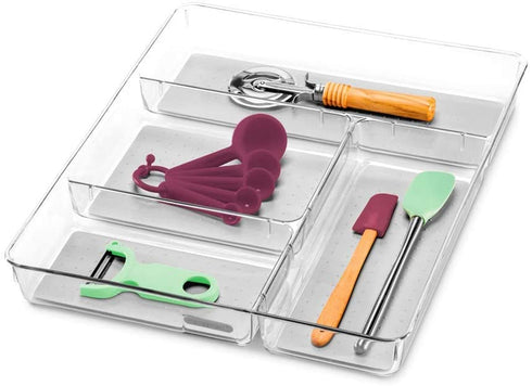 madesmart Clear Gadget Tray - Light Grey | CLEAR CLASSIC COLLECTION | 4-Compartments | 16" x 13" | Drawer Organizer for Multi-purpose Storage | Soft-grip Lining and Non-slip Rubber Feet | BPA-Free