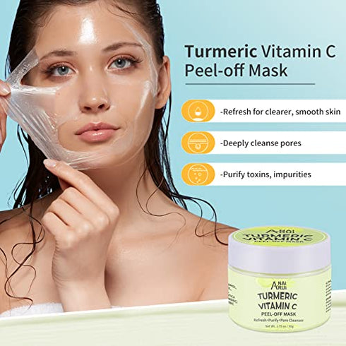 ANAI RUI Turmeric Vitamin C Facial Mask 3-in-1 Travel Mini Kit - Clay Mask, Peel Off Mask, Wash-Off Cream Mask, for Acne & Dark Spots, Oily Skin, Facial Spa Treatment 1.75 oz × 3 ea