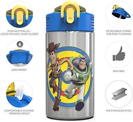 Zak Designs Toy Story 4 Buzz & Woody 15.5 ounce Water Bottle, Non-BPA with One Hand Operation Action Lid and Built-in Carrying Loop, with Straw is Perfect for Kids
