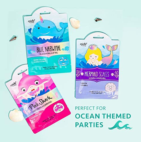 Epielle Character Sheet Masks | Animal Spa Mask | Dalmatian, Zebra, Cat, Shark, Narwhal, Mermaid Scale | (Pack of 6) | Birthday Gift, Spa Day, Stocking Stuffers