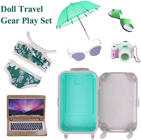 Doll Travel Set Suitcase,Travel Luggage Doll Accessories with Green Suitcase, Camera, Sunglasses, Bikini, Slippers, Notebook, Umbrella for Dolls