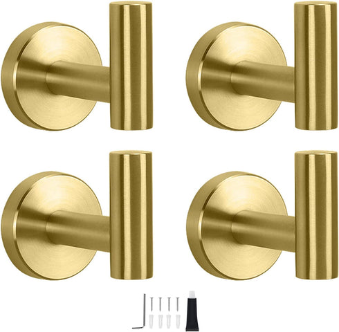 NearMoon Bath Towel Hooks- SUS 304 Stainless Steel Robe Hook Holder, Heavy Duty Coat Hook for Bathroom Livingroom Hotel Kitchen Garage, Wall Mounted- 4 Pack (Brushed Gold)