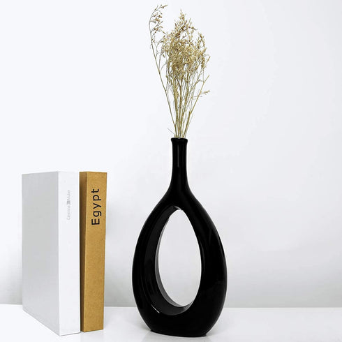 Samawi Black Ceramic Vase for Decor Ceramic Vase Circle Donut Oval Vase Tall Black Vase Hollow Vase Decorative vase for Table Kitchen Home Flowers Tall Black Vase Centerpieces Wedding Vase Modern