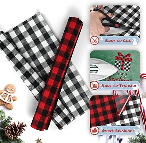 Christmas Red Black Buffalo Plaid - 12 Sheets 12 x 12 Inch Heat Transfer Vinyl Red & Black Plaid Fabric Printed Vinyl Sheets Adhesive Iron on Vinyl for Clothes