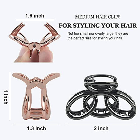 Small Hair Clips Metal Hair Claw Clips for Women Girls, 2 Inch Medium Claw Clips for Thin/Medium Thick Hair, Non Slip Hair Jaw Clips Strong Hair Clamps for Fine Hair (Black, Silver, Gold, Rose Gold)