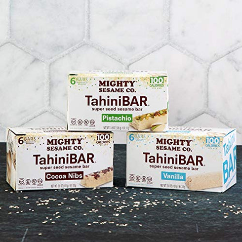 Mighty Sesame TahiniBars, Variety Pack (18 Bars) | 6 Pistachio - 6 Vanilla - 6 Cocoa Nibs | 100 Calorie Mini Halva Bars | Individually Wrapped