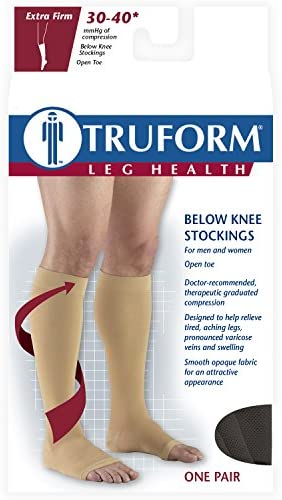 Truform 30-40 mmHg Compression Stockings for Men and Women, Knee High Length, Open Toe, Black, Medium