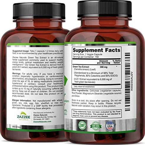 Zazzee Extra Strength Green Tea 20:1 Extract, 6000 mg Strength, 150 Vegan Capsules, 50% EGCG, 98% Polyphenols and 80% Catcehins, Potent 20x Extract, Up to 5 Month Supply, Vegan, All-Natural