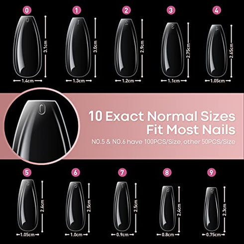 Modelones 600pcs Coffin Nails Fake Nail Tips Clear Full Cover Acrylic False Nails Extension Professional Manicure Tool for Nail Salons and DIY Nail Art 10 Sizes