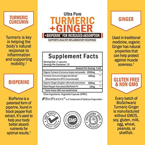 Organic Turmeric Curcumin and Ginger 95% Curcuminoids with BioPerine Black Pepper Extract for Ultra High Absorption and Potency - Natural Joint Support Supplement, Gluten-Free, Non-GMO, 60 Capsules