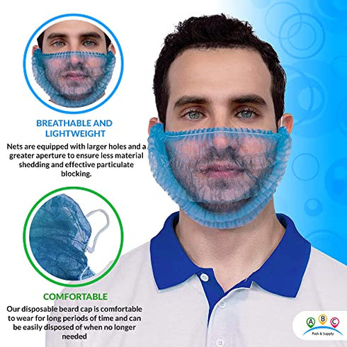 ABC Blue Polypropylene Beard Covers 18 Inch, Pack of 100 PP Disposable Beard Guards, Pleated Industrial Grade Beard Net Protectors, Beard Hair Nets, Facial Lightweight Hair Covering for Food Service