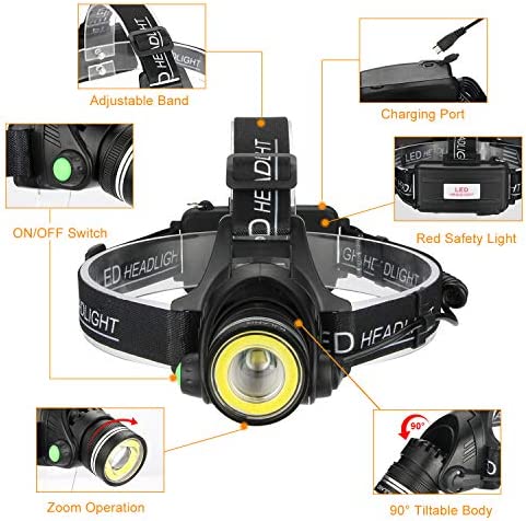 Headlamp, 2 in 1 Newest T6 Spot Zoomable+COB Board Flood Hardhat Light, 6000 Lumen Waterproof USB Rechargeable Hard Hat Head Lamp, Up-Close Work HeadLight with 4 Clips for Outdoor Camping Hunting