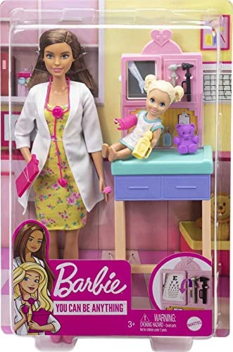 Barbie Pediatrician Playset, Brunette Doll (12-in), Exam Table, X-ray, Stethoscope, Tool, Clip Board, Patient Doll, Teddy Bear, Great Gift for Ages 3 Years Old & Up , White