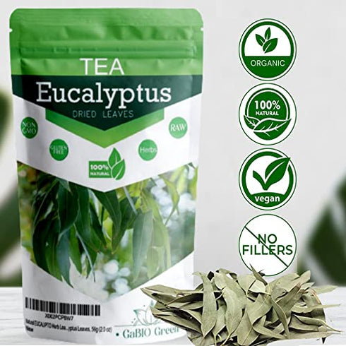 Eucalyptus Whole Leaves, Hojas enteras de eucalipto 2 oz/56.6 Gr, Herbal Loose Tea, whole leaf 2 oz eucalipto tea, Non-irradiated, help in colds, sore throats & digestion.2 oz Resealable Stand Up Pouch to Ensure Freshness