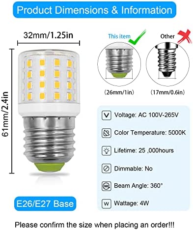 ZHENMING LED Refrigerator Light Bulb 4W Replacement AC100-265V 3.5W Refrigerator Bulb, E26 Medium Base Compact Bright Corn Lamp for Fridge Freezer Appliance Lighting, A15 Daylight White 5000K, 1 Pack