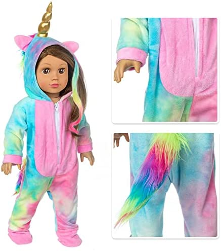 BDDOLL 18 Inch Doll Clothes-Rainbow Unicorn Doll Costume Onesie Pajama with Hair Bows Little Angel Wings Fits 18 Inch Girl Doll Accessories
