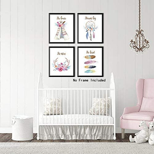 KAIRNE Girls Boho Tribal Art Print,Dreamcatcher Feathers Flowers With Inspirational Quote Wall Poster Picture,Set Of 6(8X10“ Unframed) Watercolor Positive Affirmation Words Bohemian Canvas Poster
