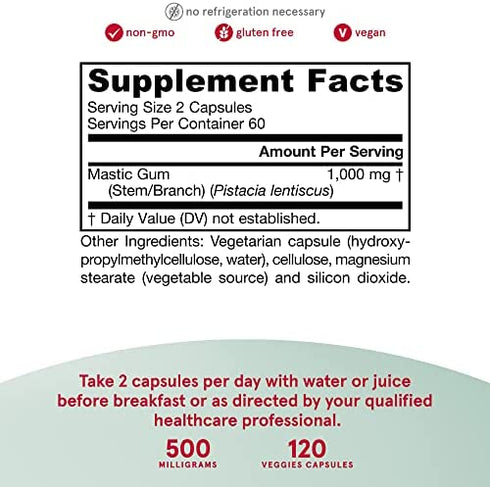 Jarrow Formulas Mastic Gum 1000 mg - 120 Veggie Caps - Natural Formula Supporting Stomach, Duodenal & Oral Health - Dietary Supplement - 60 Servings