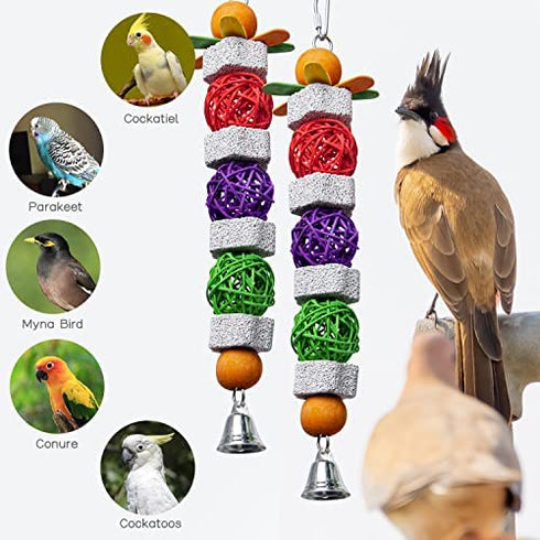 GATMAHE Bird Chewing Toy?Bird Beak and Nail Grinding Stone with Bell, Lava Rock (Pumice Stone) for African Greys Amazon Conure Budgies Parakeet Cockatiel, 2 Pack