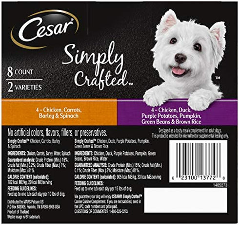 Cesar Simply Crafted Adult Soft Wet Dog Food Meal Topper Variety Pack, Chicken, Duck, Purple Potatoes, Pumpkin, Green Beans & Brown Rice and Chicken, Carrots, Barley & Spinach, (8) 1.3 oz. Tubs