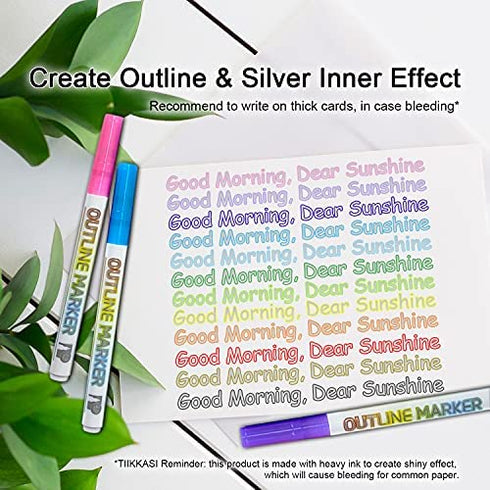 TIIKKASI Double Line Shimmer Markers Set 12 Colors, Metallic Glitter Silver Highlighter, Super Squiggle Self Outline Drawing Paint Pens, for Kids Doodle, DIY Project, Craft & Gift