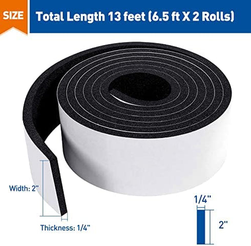 MAGZO Wide Door Weather Stripping 2 Inches W X 1/4 Inch T, Adhesive Foam Insulation Tape for Air Conditioner, Total Length 13 Feet (6.5 Feet x 2 Rolls)