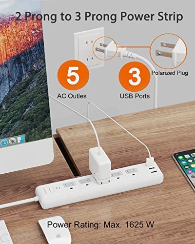 1625W 2 Prong Power Strip, WRXDMC 2 Prong to 3 Prong Outlet Adapter, 5ft Extension Cord with Polarized Plug, 1680J Surge Protector, 5 AC Outlets & 3 USB, Wall Mountable, Ideal for Non-Grounded Outlets