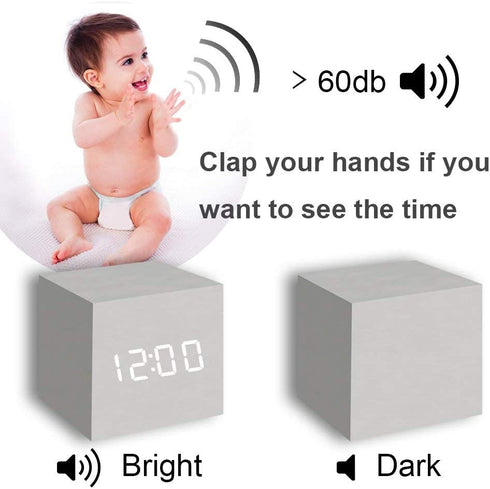 WulaWindy Digital Alarm Clock Wooden LED Light Multifunctional Modern Cube Displays Date Temperature for Home Office Travel-Black (White)