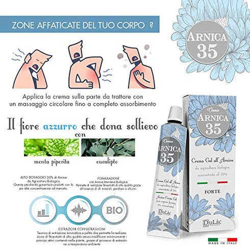 Dulàc Natural Arnica Gel Cream Extra Strength 1.7 Fl Oz with 35% Organic Arnica Montana - Bruise, Joint and Muscle Relief, Made in Italy, Cool Effect