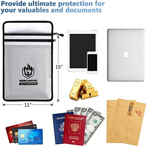 Upgraded Two Pockets Fireproof Document Bag (2000?), andyer 15”x 11”Waterproof and Fireproof Money Bag with Zipper, Fire Safe Storage for Valuables,Money,Jewelry,Legal Documents,File and Tablet