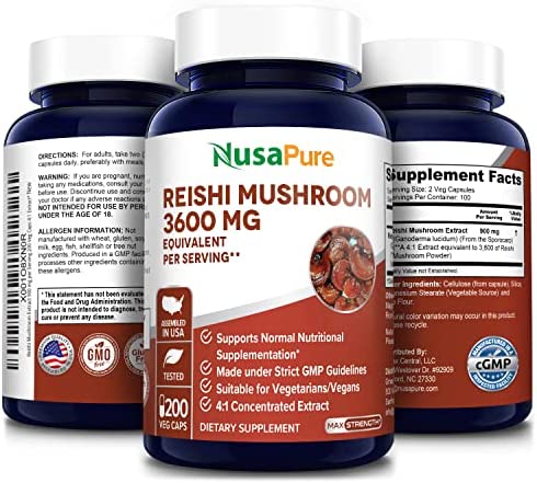 Reishi Mushroom Extract 3600 mg 200 Veggie Caps (Vegan, Non-GMO & Gluten-Free)