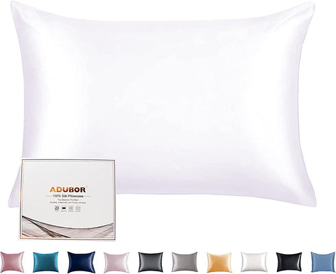 Adubor 100% Mulberry Silk Pillowcase for Hair and Skin with Hidden Zipper, Both Side 23 Momme Silk, 900 Thread Count (20x26inch, Standard Size, White, 1pc)