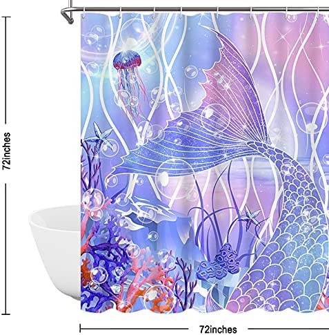Mermaid Shower Curtain, Kids Shower Curtain for Bathroom, Colorful Ocean Beach Shower Curtain for Girls, Purple Shower Curtain with 12 Hooks, Waterproof Bathroom Shower Curtains