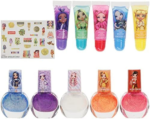 Townley Girl Rainbow High Cosmetic Beauty Kids Makeup Set Includes 5 Pcs Lip Gloss, 5 Pcs Nail Polish & Nail Stickers for Girls, Ages 6+ Perfect for Birthday Gifts, Parties, Sleepovers & Makeovers