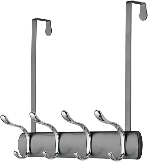 mDesign Decorative Over Door 8 Hook Metal Storage - Long Easy Reach Organizer Rack for Coats, Hoodies, Hats, Scarves, Purses, Leashes, Bath Towels, Robes, Men, Womens Clothing - Graphite Gray/Chrome