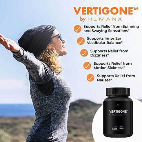 VertiGone - Vertigo Relief - USA Third Party Tested - Ancient Natural Inner Ear Balance Supplement - Relieves Dizziness, Nausea, Spinning & Swaying Sensations - Non GMO - Dizzy Aid Pills - by Humanx
