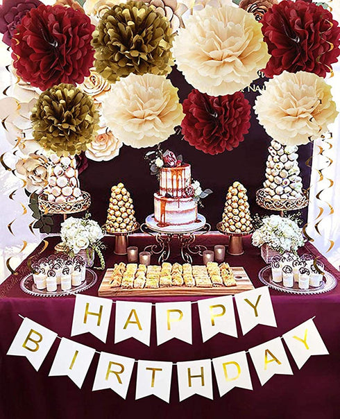 Burgundy Gold Birthday Party Decorations Burgundy Champagne Gold Tissue Pom Pom Happy Birthday Banner Burgundy Birthday Decorations for Women/Fall Birthday Party Decorations/30th Birthday Decorations